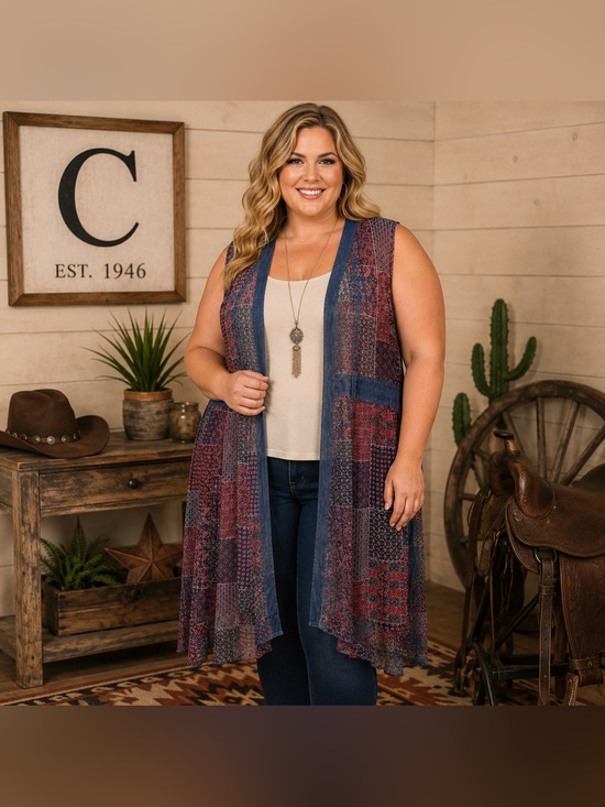 C Est. 1946 Tops - 3CE. C Est. Boho Patchwork Sleeveless Duster Vest in Navy & Burgundy (22/24W)
